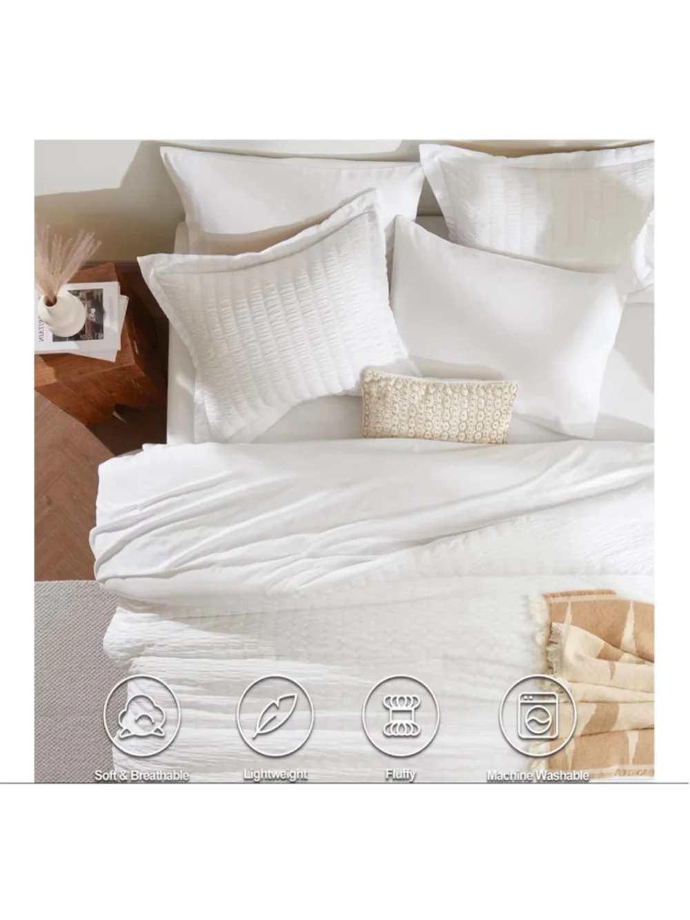 NEW Full Size Comforter Set Sheets Sham Pillowcases 7 Pcs White Seersucker